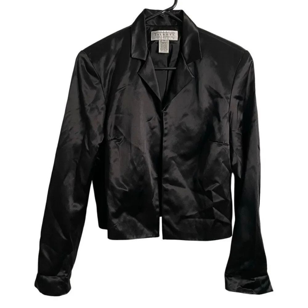 Vtg Womens Satin Blazer 10 Black Formal Gala Party Sleek Single Breasted Tuxedo